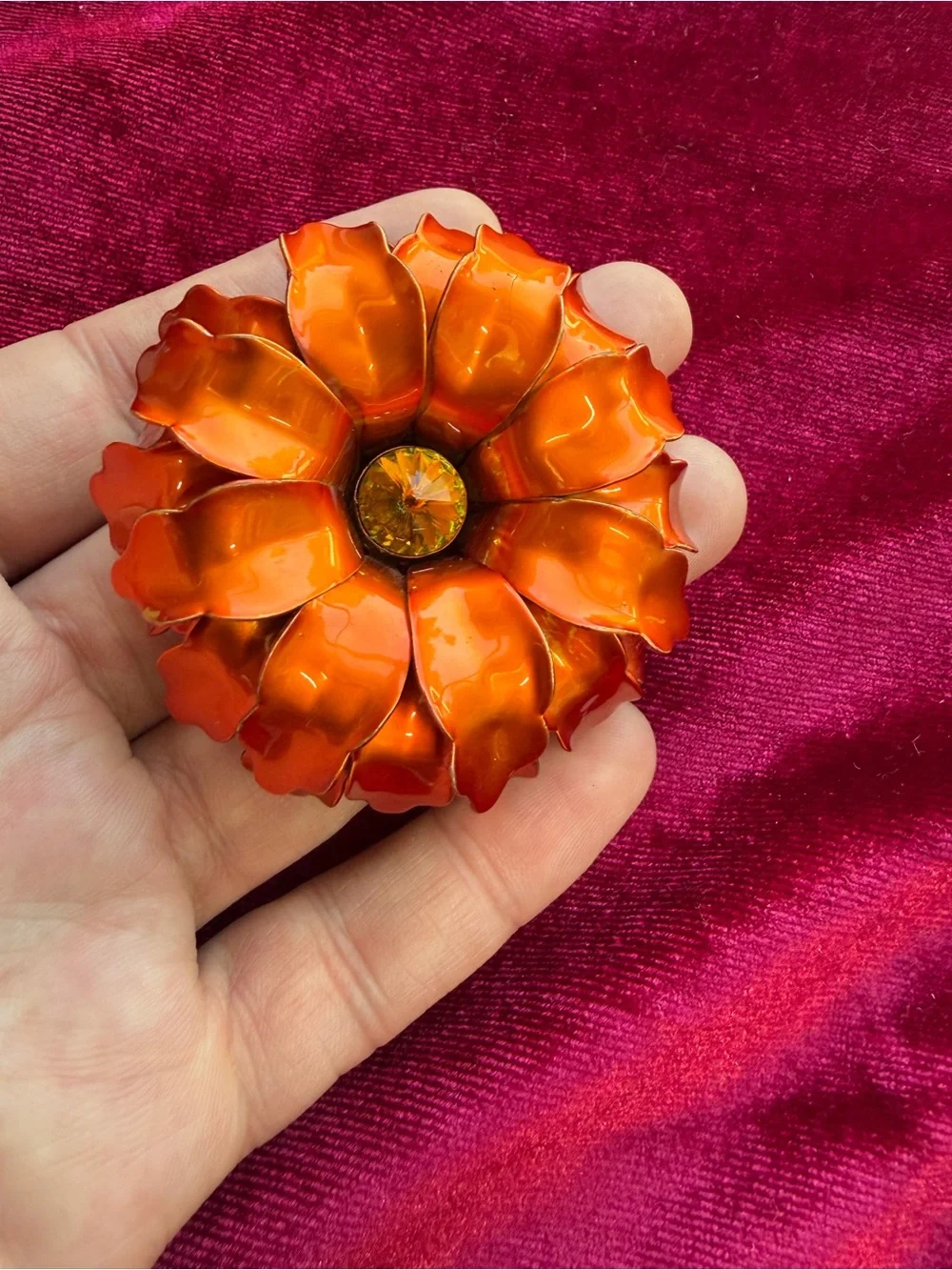 Vintage Vibrant Enamel Rivoli Rhinestone Flower Brooch Pin